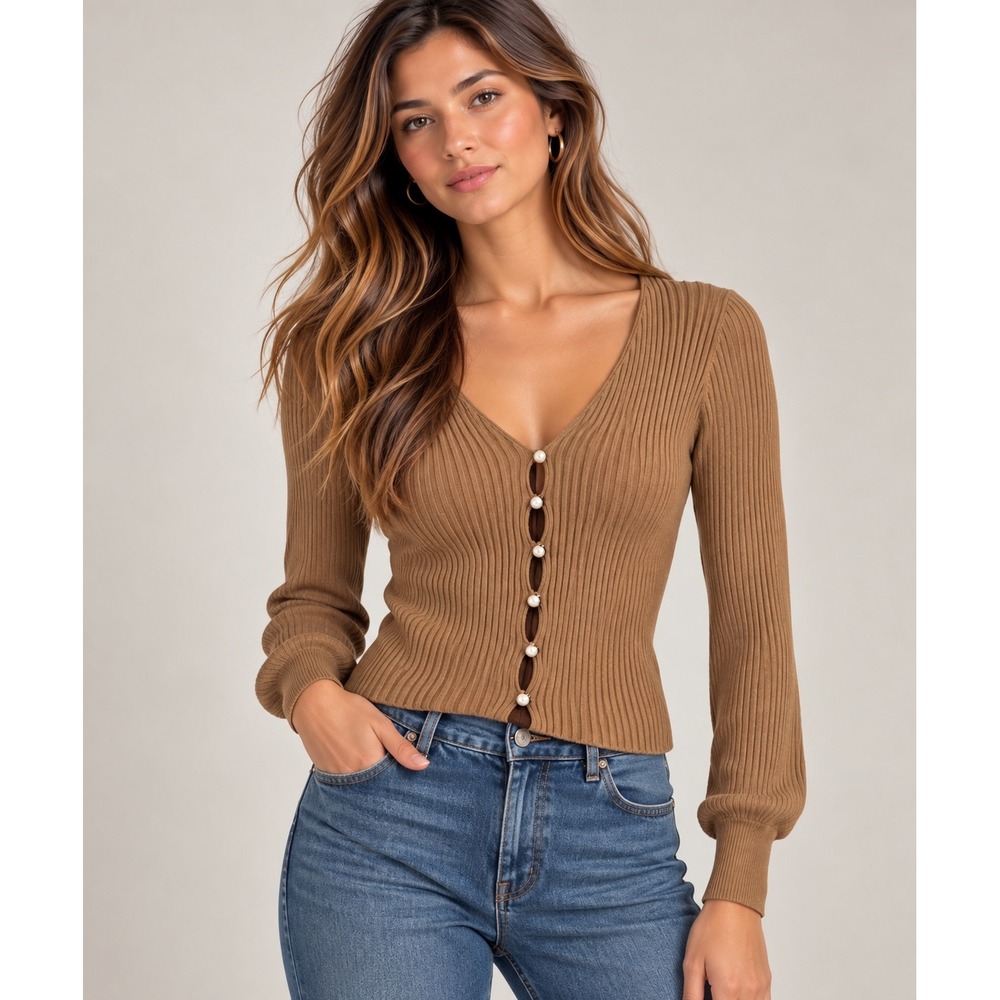 Crescent Neutral Tan Ribbed Knit Balloon Sleeve Blouse, Small